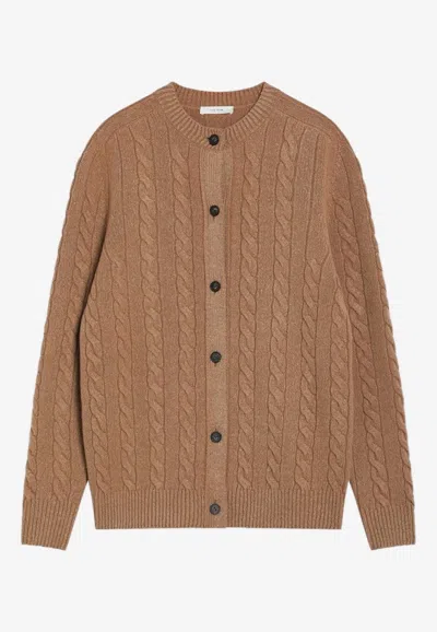 The Row Loneke Cable Knit Wool Cardigan In Brown