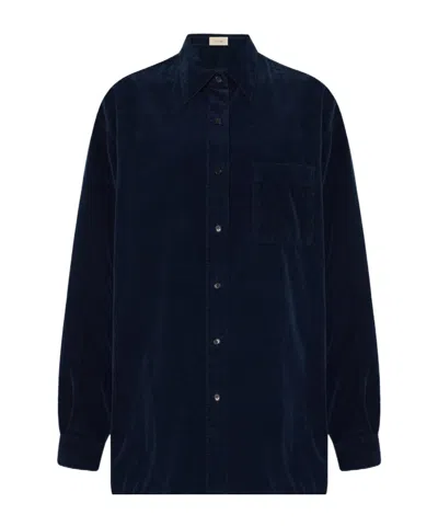 The Row Nesson Button Down Silk Shirt In Dark Blue