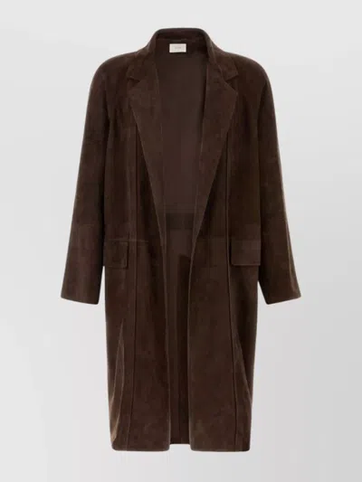 The Row Longline Suede Hanto Coat Front Pockets In Brown