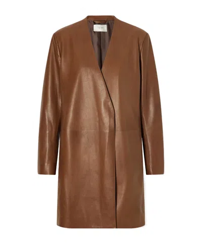 The Row Long-sleeved Leather Coat In Brown