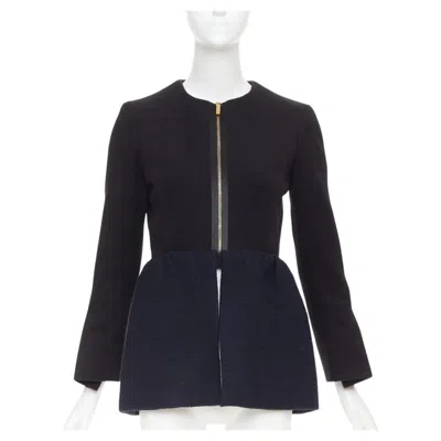 Pre-owned The Row Loxton Black Navy Structured Wool Textured Peplum Gold Zip Coat Us0 Xs In Blue