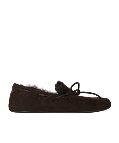 The Row Lucca Shearling-trimmed Suede Boat Shoes In Brown