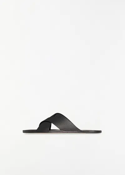 The Row Malick Leather Cross Slides In Black