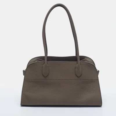 Pre-owned The Row Margaux 12 Dark Taupe Leather Shoulder Bag In Sand