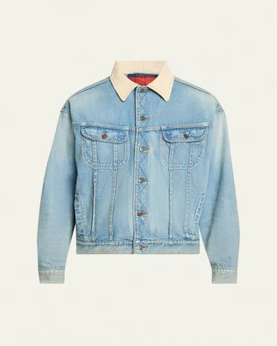 The Row Men's Denim Jacket With Corduroy Collar In Blue