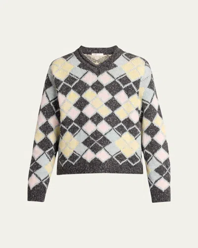 The Row Men's Edoardo Argyle Sweater In Multi Grey/yellow/ P