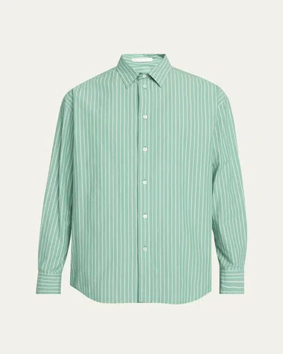 The Row Men's Striped Poplin Dress Shirt In Green