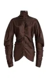 The Row Miles Draped Silk-twill Top In Brown