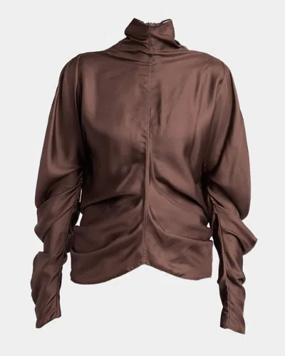 The Row Miles Turtleneck Draped Silk Top In Brown