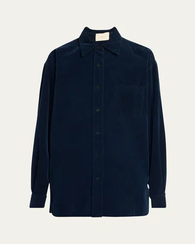 The Row Nesson Button Down Silk Shirt In Dark Blue