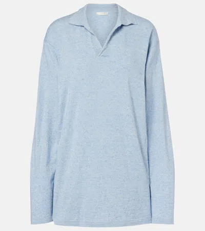 The Row Niosa Cotton And Linen Polo Sweater In Blue