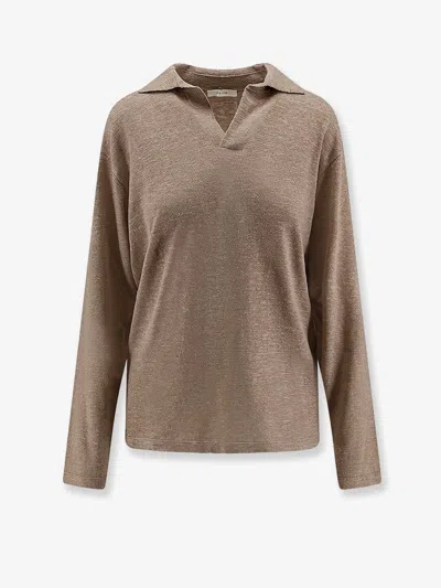 The Row Niosa Polo Shirt In Cotton And Linen In Brown