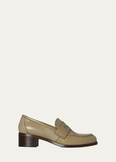 The Row Park Leather Heeled Penny Loafers In Bark