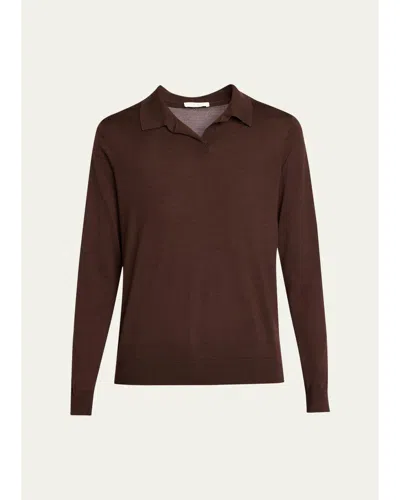 The Row Pauli Wool-silk Jersey Long-sleeve Polo Top In Brown