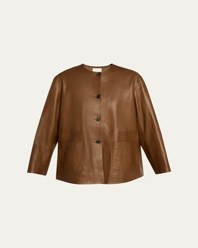 The Row Quintus Leather Single-breasted Jacket In Oak Brown