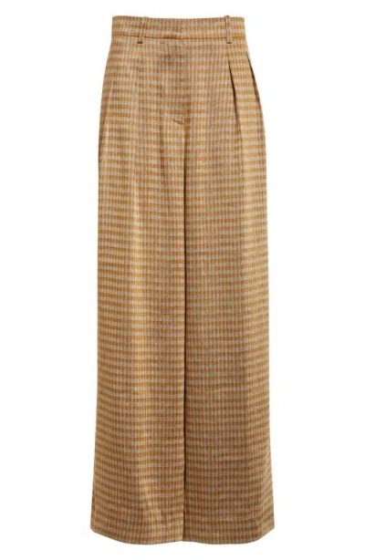 The Row Sherry Woven Check Pleated Linen Blend Wide Leg Pants In Orange Linen/white