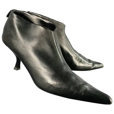 Pre-owned The Row Size 7.5 Black Leather Pointed Toe Kitten Heel Ankle Boots