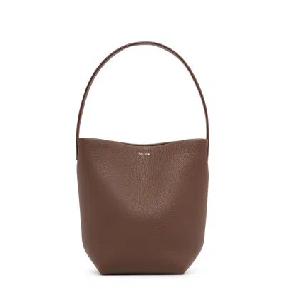 The Row Small N/s Dark Olive Leather Tote Bag In Brown
