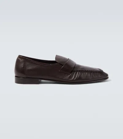 The Row Soft Leather Loafers In Brown