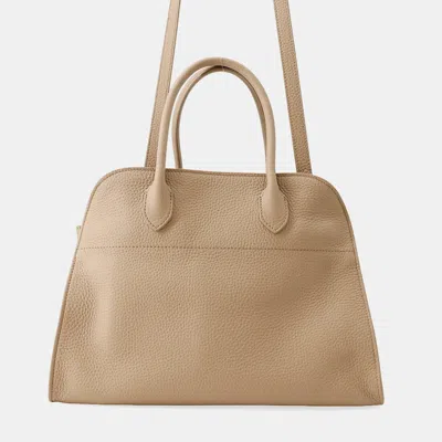 Pre-owned The Row Soft Margaux 12 Dark Taupe Calfskin Leather Top Handle Bag In Beige