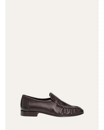 The Row Soft Moccasin Two Leather Loafers In Lacquer Brown