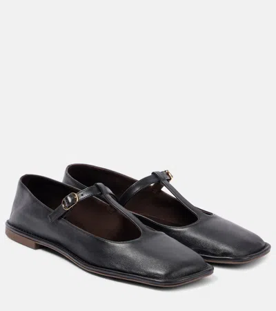 THE ROW SQUARE T-STRAP LEATHER FLATS