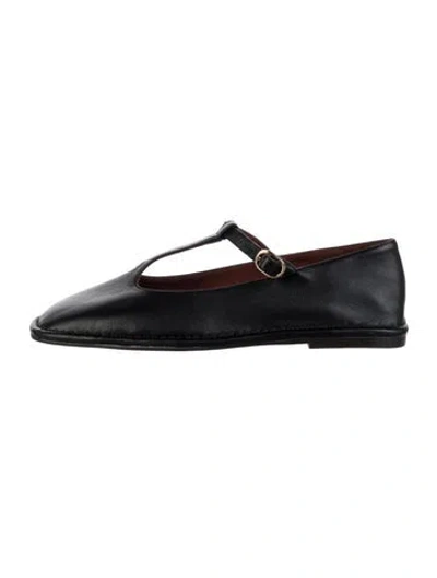 Pre-owned The Row Square T-strap Leather Mary Jane Flats In Black