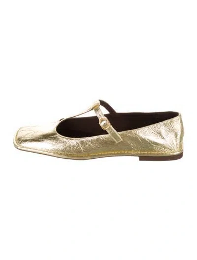 Pre-owned The Row Square T-strap Mary Jane Leather Mary Jane Flats In Gold