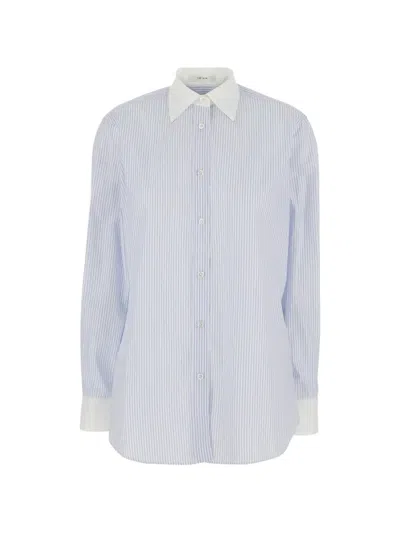 The Row Hilbert Striped Button-down Tunic Shirt In White