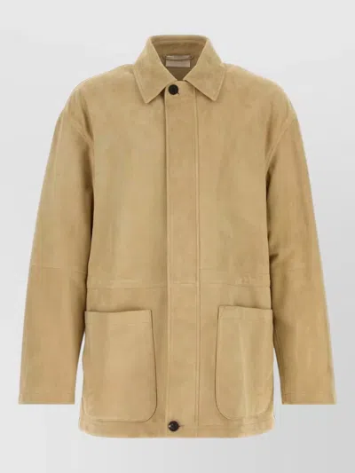 The Row Suede Vilma Jacket Front Pockets Long Sleeves In Brown