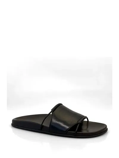 The Row Vivienne Flat Leather Slide Sandals In Black