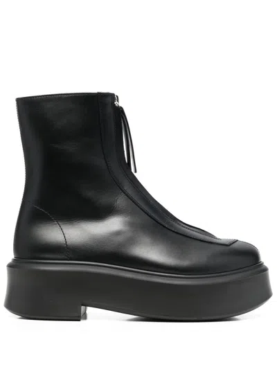 The Row Zipped Leather Boots In Black