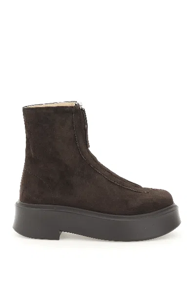 The Row Zipped Suede Ankle Boots In Brown