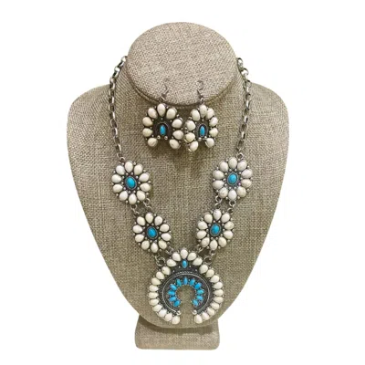 The Runnin' Iron Women's Squash Blossom Jewelry Necklace Set In Turquoise & White