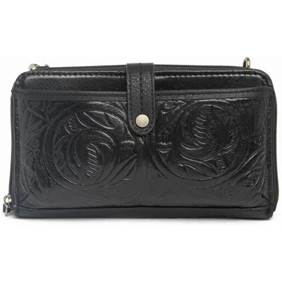 The Sak Iris Smartphone Crossbody Bag In Black Leaf Embossed