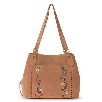 The Sak Melrose Satchel In Tan Suede Whimsy Floral Embroidery