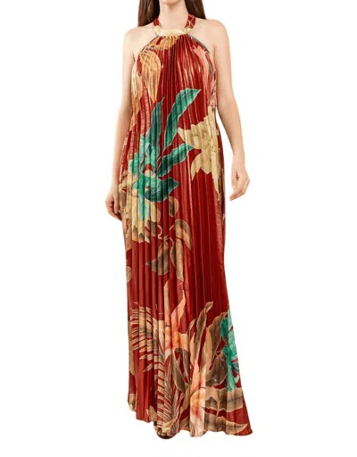 The Sang Pleated Floral Halter Maxi Dress In Burgundy In Red