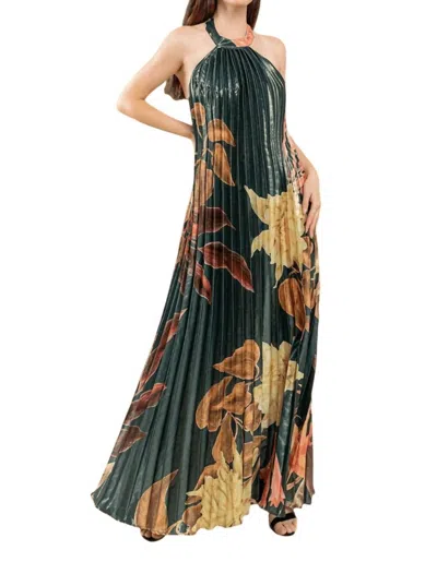 The Sang Pleated Floral Halter Maxi Dress In Hunter Green