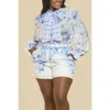 The Sang Women's Floral Tied Neck Blouse With Short Set In Blue Combo In Multi