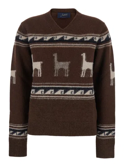 THE SEAFARER BROWN SWEATER WITH V NECK AND FRONT MOTIF IN WOOL WOMAN