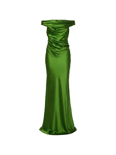 The Sei Bardot Off-shoulder Draped Silk Maxi Dress In Green