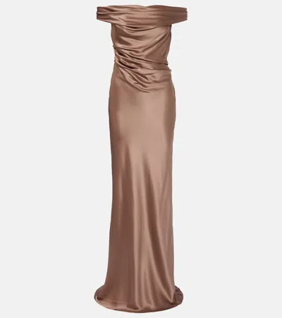 The Sei Bardot Off-shoulder Silk Charmeuse Gown In Brown