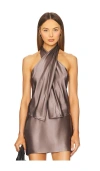 The Sei Draped Halterneck Silk Charmeuse Top In Grey