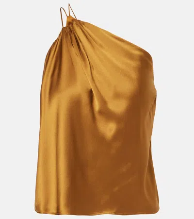 The Sei Draped One-shoulder Silk Satin Top In Brown