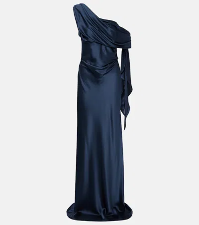 The Sei Draped One-shoulder Silk Charmeuse Gown In Blue