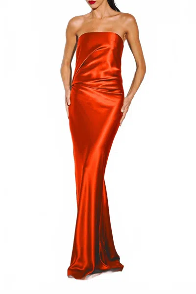 THE SEI DRAPED STRAPLESS GOWN IN VERMILLION