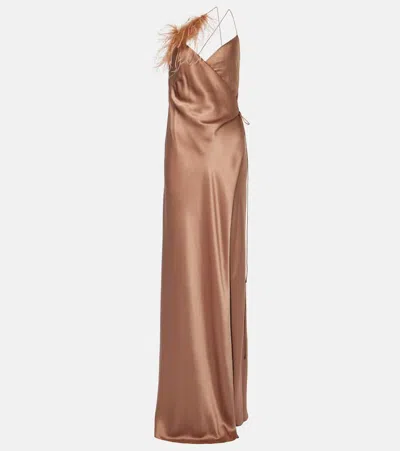 The Sei Feather-trimmed Silk Satin Wrap Dress In Beige