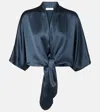 The Sei Gathered Silk Satin Blouse In Blue