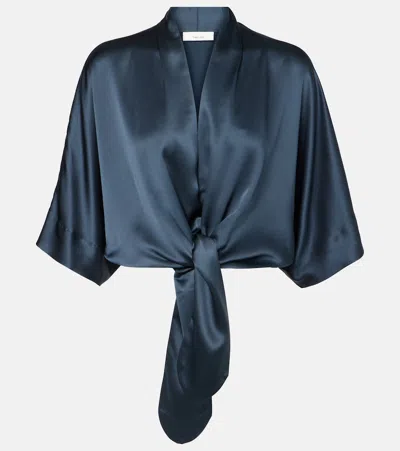 The Sei Gathered Silk Satin Blouse In Blue
