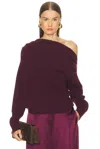 The Sei Long Sleeve Asymmetrical Drape Sweater In Burgundy